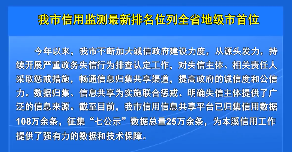 我市信用监测最新排名位列全省地级市首位