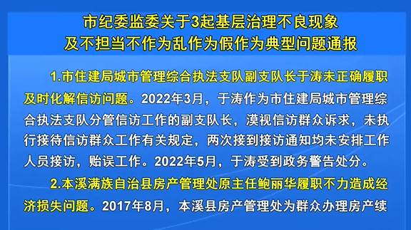 市纪委监委关于3起基层治理不良现象及不担当不作为乱作为假作为典型问题通报