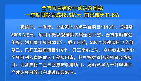 全市项目建设干劲足落地稳一季度固投完成48.5亿元 同比增长11.8%