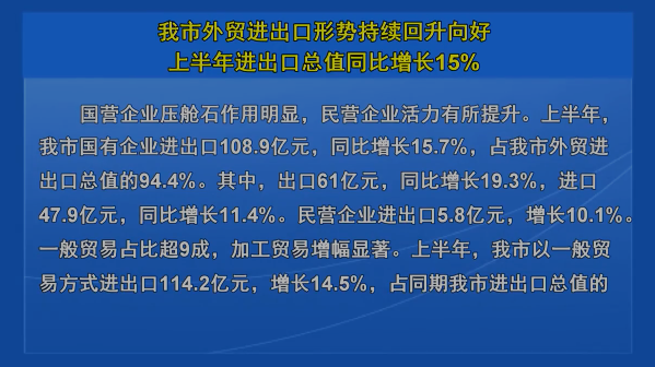 我市外贸进出口形势持续回升向好上半年进出口总值同比增长15%